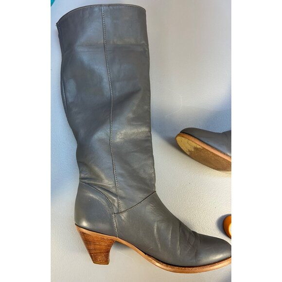 VTG FRYE Tall Leather Heeled Boots Womens 7 Rare Dark Gray - Picture 7 of 12